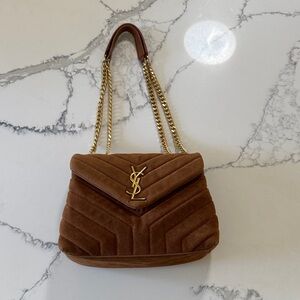 Y S L bag shoulder crossbody purse brown with gold medium